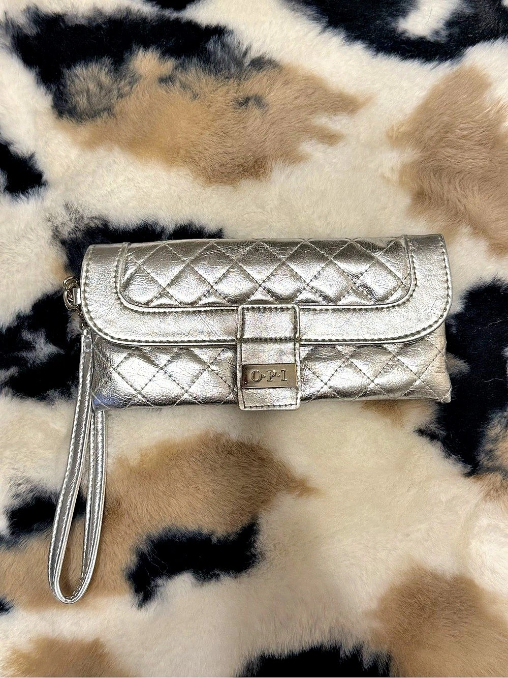 OPI Quilted Metallic Wristlet Clutch in Silver